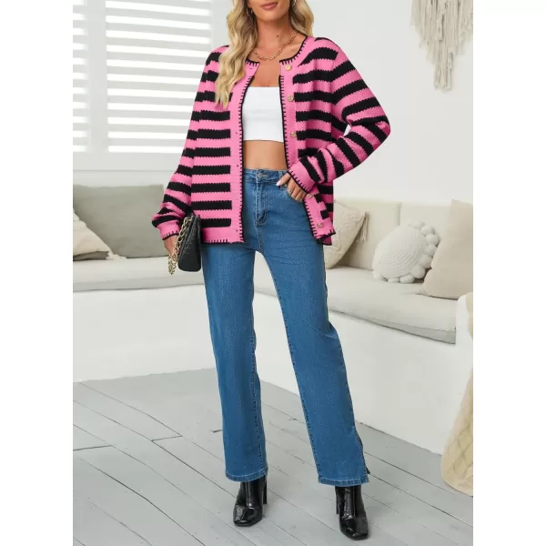 Sidefeel Women's Cardigan Sweaters Striped Open Front Button Down Knitted Cropped Fall Fashion Outwear