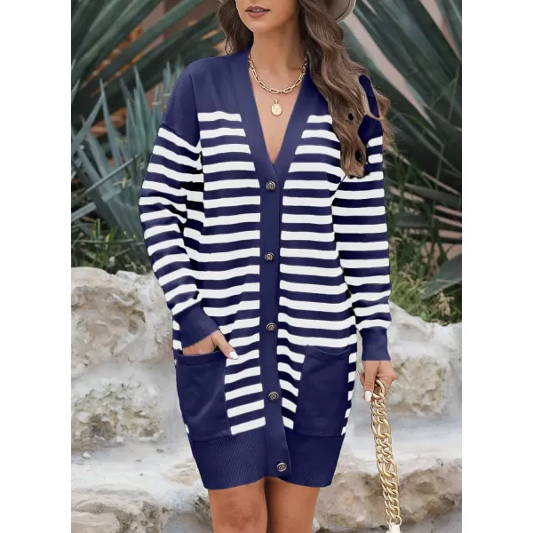 Sidefeel Women's Cardigan Sweaters Striped Open Front Button Down V-neck Long Sleeve Chunky Knit Outwear with Pockets