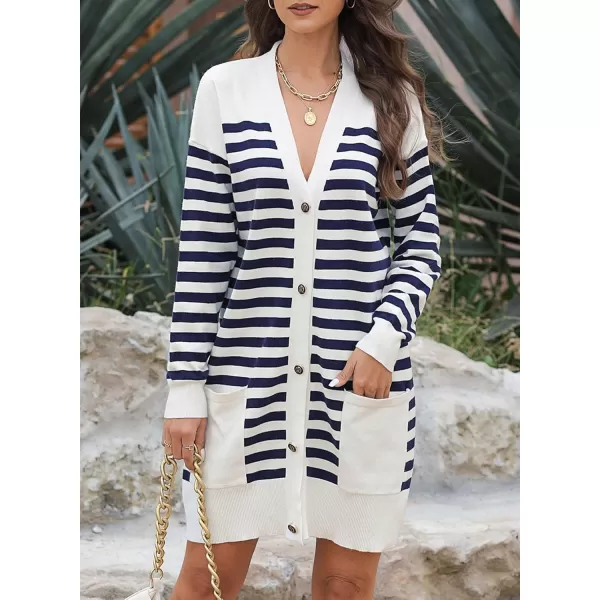 Sidefeel Women's Cardigan Sweaters Striped Open Front Button Down V-neck Long Sleeve Chunky Knit Outwear with Pockets