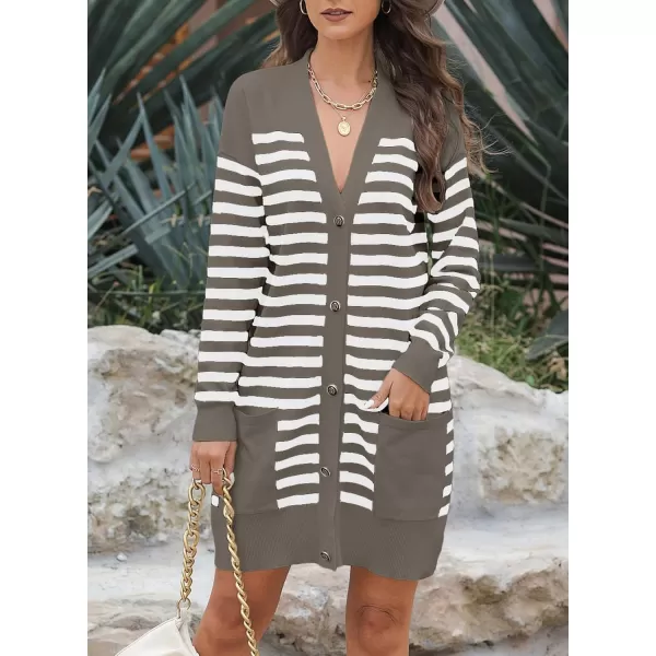Sidefeel Women's Cardigan Sweaters Striped Open Front Button Down V-neck Long Sleeve Chunky Knit Outwear with Pockets