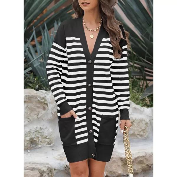 Sidefeel Women's Cardigan Sweaters Striped Open Front Button Down V-neck Long Sleeve Chunky Knit Outwear with Pockets