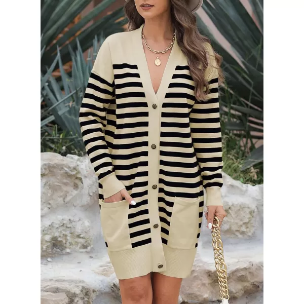 Sidefeel Women's Cardigan Sweaters Striped Open Front Button Down V-neck Long Sleeve Chunky Knit Outwear with Pockets