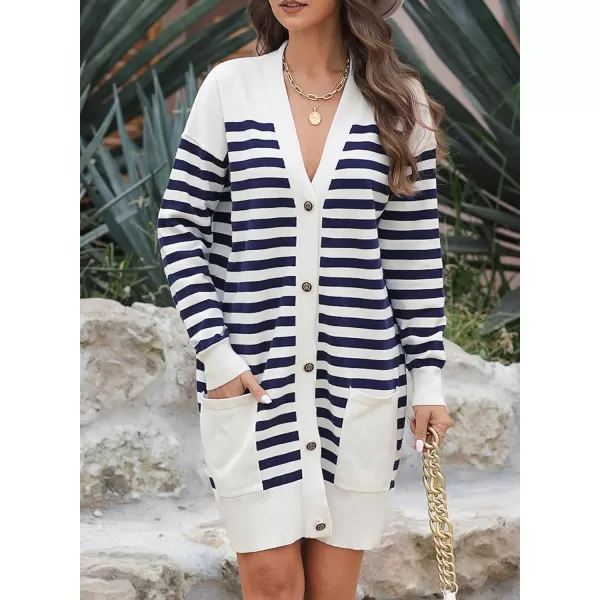 Sidefeel Women's Cardigan Sweaters Striped Open Front Button Down V-neck Long Sleeve Chunky Knit Outwear with Pockets
