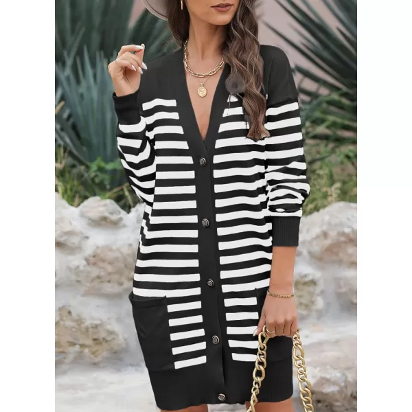Sidefeel Women's Cardigan Sweaters Striped Open Front Button Down V-neck Long Sleeve Chunky Knit Outwear with Pockets