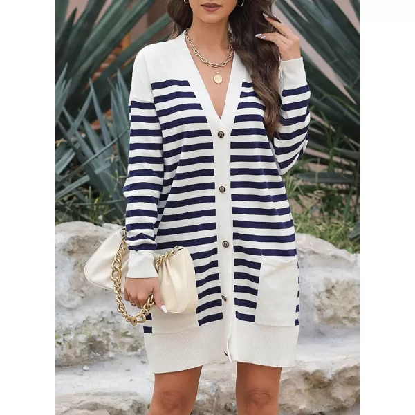 Sidefeel Women's Cardigan Sweaters Striped Open Front Button Down V-neck Long Sleeve Chunky Knit Outwear with Pockets