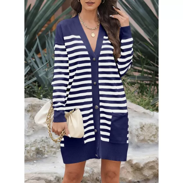 Sidefeel Women's Cardigan Sweaters Striped Open Front Button Down V-neck Long Sleeve Chunky Knit Outwear with Pockets