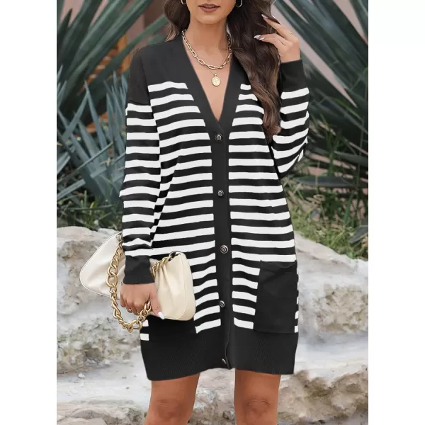 Sidefeel Women's Cardigan Sweaters Striped Open Front Button Down V-neck Long Sleeve Chunky Knit Outwear with Pockets