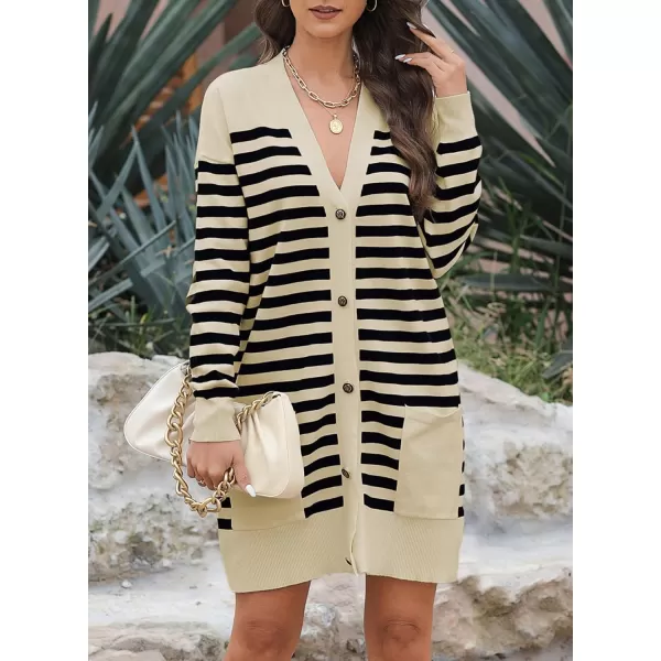 Sidefeel Women's Cardigan Sweaters Striped Open Front Button Down V-neck Long Sleeve Chunky Knit Outwear with Pockets