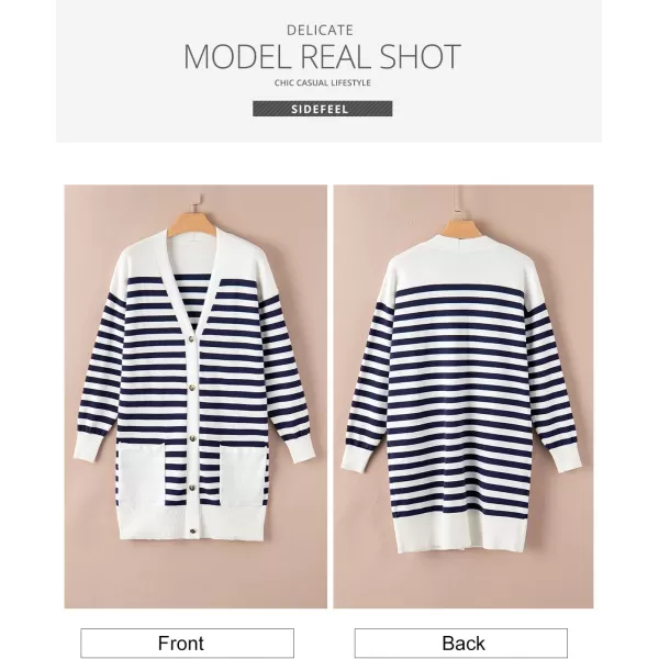 Sidefeel Women's Cardigan Sweaters Striped Open Front Button Down V-neck Long Sleeve Chunky Knit Outwear with Pockets