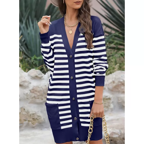 Sidefeel Women's Cardigan Sweaters Striped Open Front Button Down V-neck Long Sleeve Chunky Knit Outwear with Pockets
