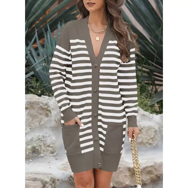 Sidefeel Women's Cardigan Sweaters Striped Open Front Button Down V-neck Long Sleeve Chunky Knit Outwear with Pockets