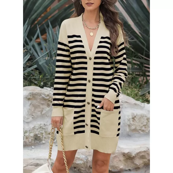 Sidefeel Women's Cardigan Sweaters Striped Open Front Button Down V-neck Long Sleeve Chunky Knit Outwear with Pockets