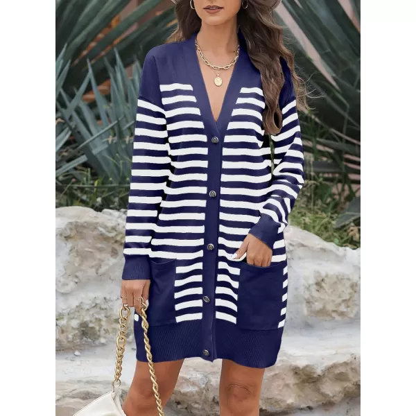 Sidefeel Women's Cardigan Sweaters Striped Open Front Button Down V-neck Long Sleeve Chunky Knit Outwear with Pockets