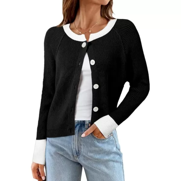 Sidefeel Women's 2024 Fall Long Sleeve Crewneck Cropped Cardigan Sweaters Contrast Button Down Knit Sweaters Coat