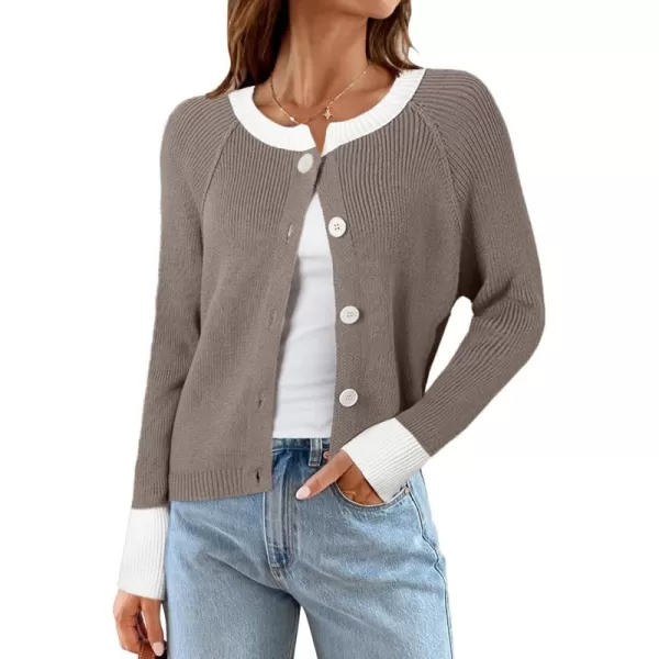 Sidefeel Women's 2024 Fall Long Sleeve Crewneck Cropped Cardigan Sweaters Contrast Button Down Knit Sweaters Coat