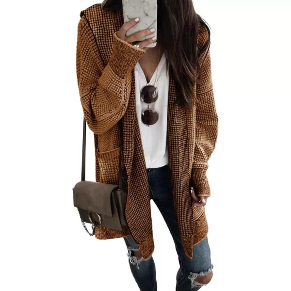 Sidefeel Women's Cardigan Sweaters Hooded Oversized Open Front Chunky Knit Plaid Sweater Coat Fall Fashion Tops