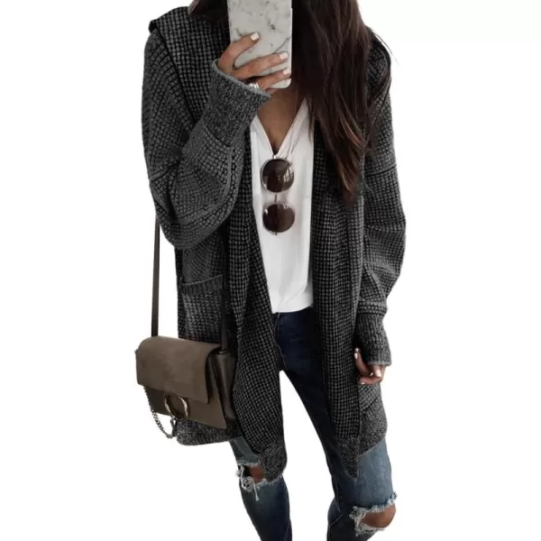 Sidefeel Women's Cardigan Sweaters Hooded Oversized Open Front Chunky Knit Plaid Sweater Coat Fall Fashion Tops