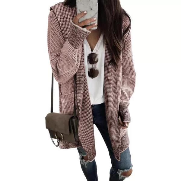 Sidefeel Women's Cardigan Sweaters Hooded Oversized Open Front Chunky Knit Plaid Sweater Coat Fall Fashion Tops