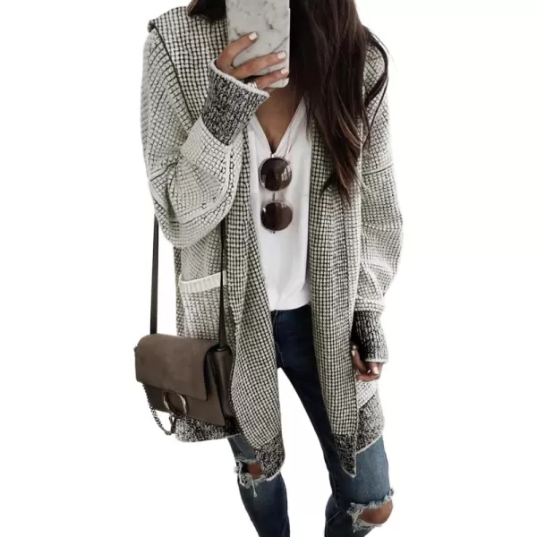 Sidefeel Women's Cardigan Sweaters Hooded Oversized Open Front Chunky Knit Plaid Sweater Coat Fall Fashion Tops