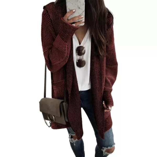 Sidefeel Women's Cardigan Sweaters Hooded Oversized Open Front Chunky Knit Plaid Sweater Coat Fall Fashion Tops