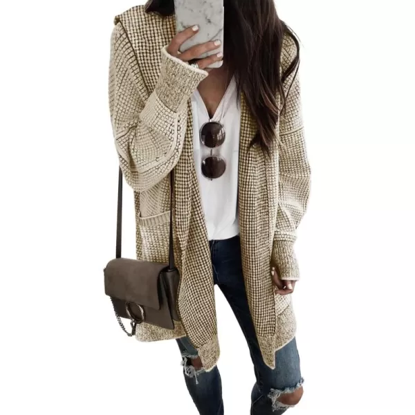 Sidefeel Women's Cardigan Sweaters Hooded Oversized Open Front Chunky Knit Plaid Sweater Coat Fall Fashion Tops