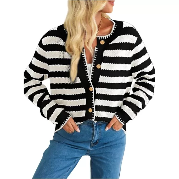 Sidefeel Women's Cardigan Sweaters Striped Open Front Button Down Knitted Cropped Fall Fashion Outwear