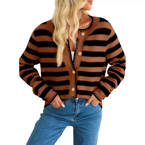 Sidefeel Women's Cardigan Sweaters Striped Open Front Button Down Knitted Cropped Fall Fashion Outwear