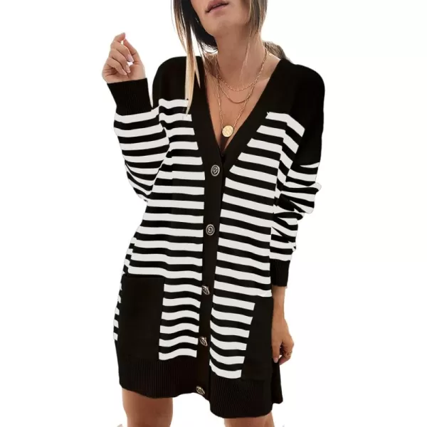 Sidefeel Women's Cardigan Sweaters Striped Open Front Button Down V-neck Long Sleeve Chunky Knit Outwear with Pockets