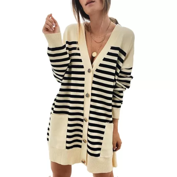 Sidefeel Women's Cardigan Sweaters Striped Open Front Button Down V-neck Long Sleeve Chunky Knit Outwear with Pockets