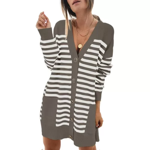 Sidefeel Women's Cardigan Sweaters Striped Open Front Button Down V-neck Long Sleeve Chunky Knit Outwear with Pockets