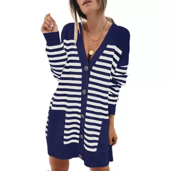 Sidefeel Women's Cardigan Sweaters Striped Open Front Button Down V-neck Long Sleeve Chunky Knit Outwear with Pockets