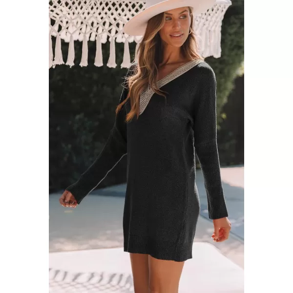 Sidefeel Women's Lace Trim V Neck Long Sleeve Sweater Dress Knit Mini Pullover Dresses 2024 Fall Fashion