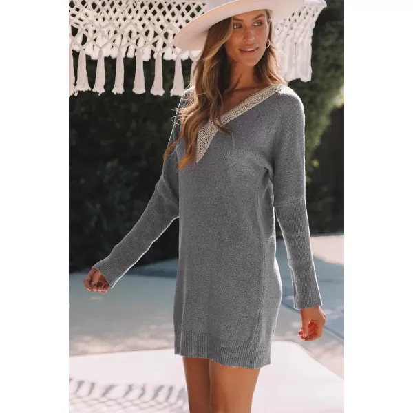 Sidefeel Women's Lace Trim V Neck Long Sleeve Sweater Dress Knit Mini Pullover Dresses 2024 Fall Fashion