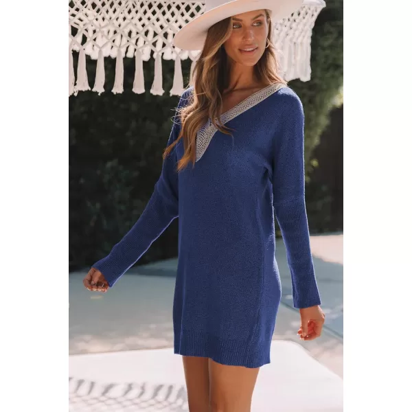 Sidefeel Women's Lace Trim V Neck Long Sleeve Sweater Dress Knit Mini Pullover Dresses 2024 Fall Fashion