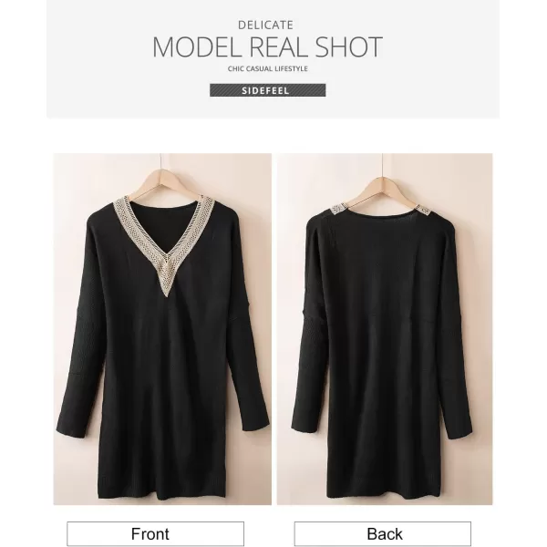 Sidefeel Women's Lace Trim V Neck Long Sleeve Sweater Dress Knit Mini Pullover Dresses 2024 Fall Fashion