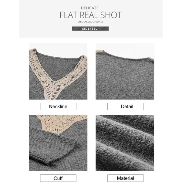 Sidefeel Women's Lace Trim V Neck Long Sleeve Sweater Dress Knit Mini Pullover Dresses 2024 Fall Fashion