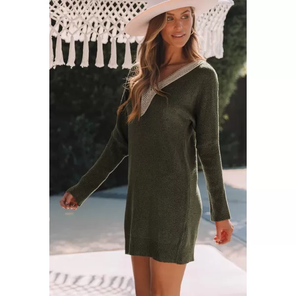 Sidefeel Women's Lace Trim V Neck Long Sleeve Sweater Dress Knit Mini Pullover Dresses 2024 Fall Fashion