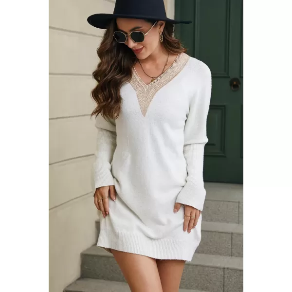 Sidefeel Women's Lace Trim V Neck Long Sleeve Sweater Dress Knit Mini Pullover Dresses 2024 Fall Fashion