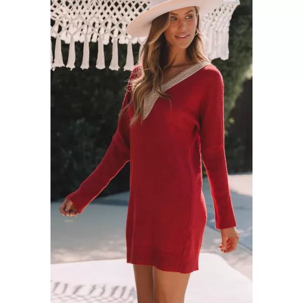 Sidefeel Women's Lace Trim V Neck Long Sleeve Sweater Dress Knit Mini Pullover Dresses 2024 Fall Fashion