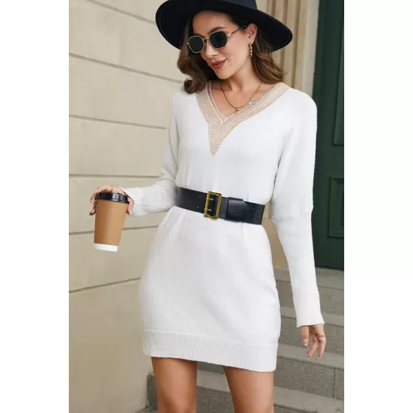 Sidefeel Women's Lace Trim V Neck Long Sleeve Sweater Dress Knit Mini Pullover Dresses 2024 Fall Fashion