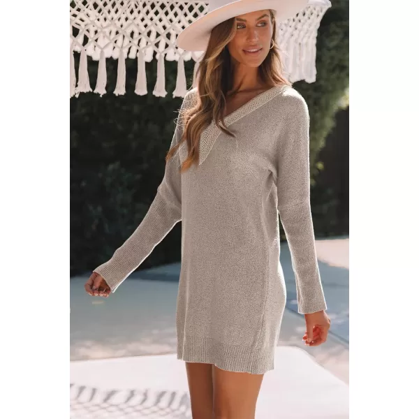 Sidefeel Women's Lace Trim V Neck Long Sleeve Sweater Dress Knit Mini Pullover Dresses 2024 Fall Fashion
