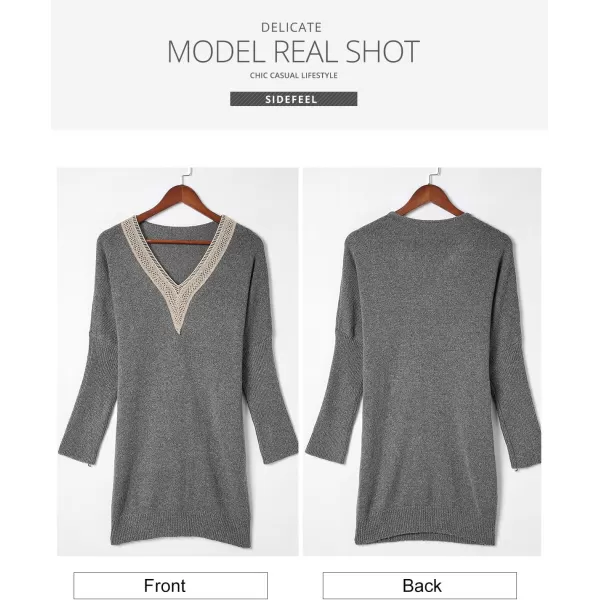 Sidefeel Women's Lace Trim V Neck Long Sleeve Sweater Dress Knit Mini Pullover Dresses 2024 Fall Fashion