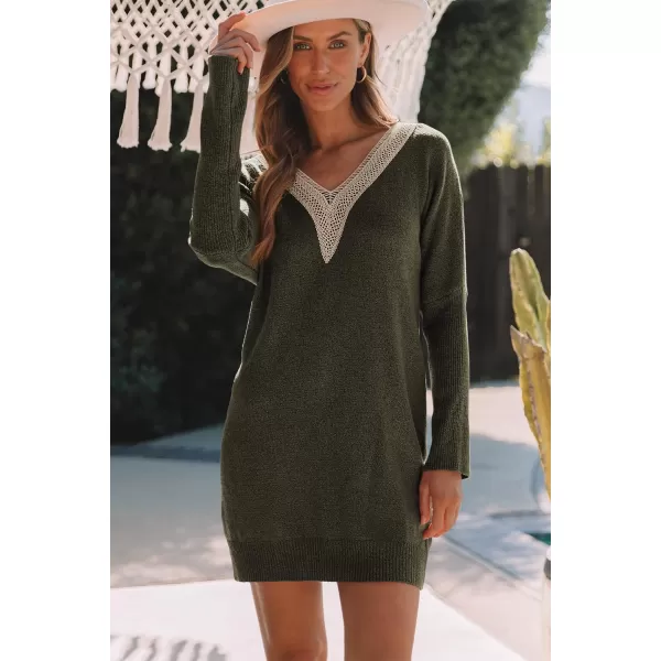 Sidefeel Women's Lace Trim V Neck Long Sleeve Sweater Dress Knit Mini Pullover Dresses 2024 Fall Fashion
