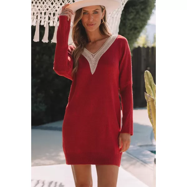 Sidefeel Women's Lace Trim V Neck Long Sleeve Sweater Dress Knit Mini Pullover Dresses 2024 Fall Fashion
