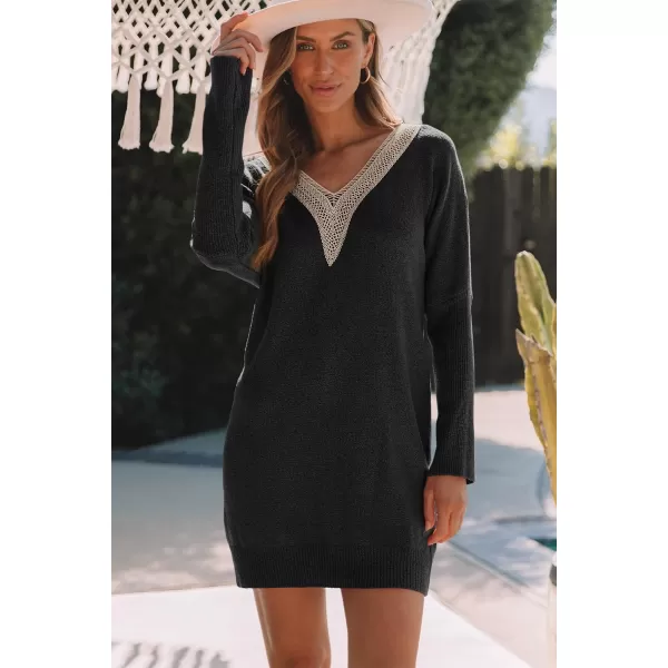 Sidefeel Women's Lace Trim V Neck Long Sleeve Sweater Dress Knit Mini Pullover Dresses 2024 Fall Fashion
