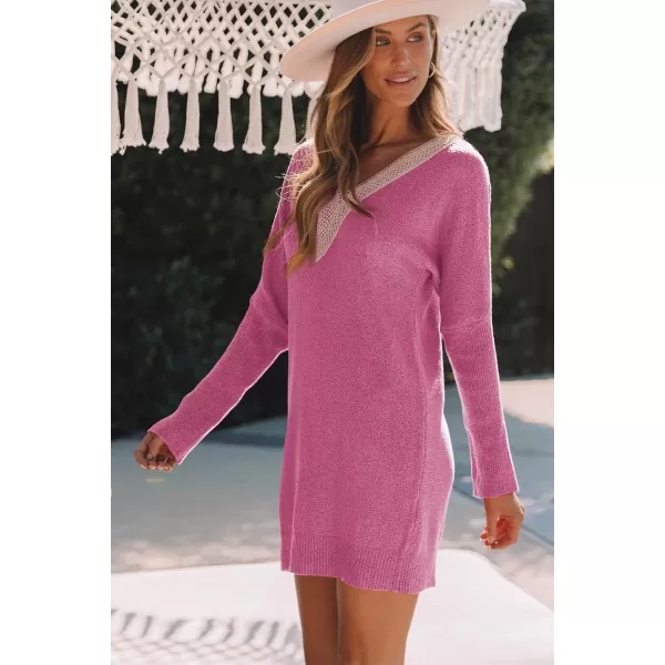 Sidefeel Women's Lace Trim V Neck Long Sleeve Sweater Dress Knit Mini Pullover Dresses 2024 Fall Fashion