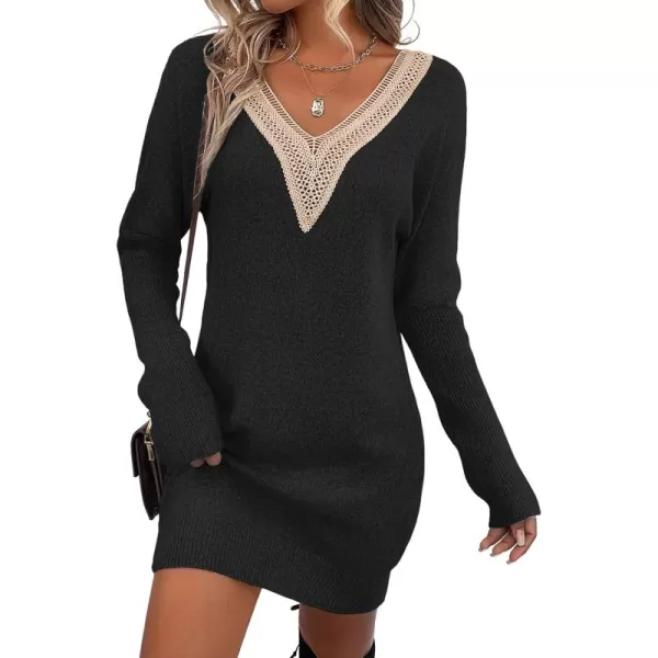 Sidefeel Women's Lace Trim V Neck Long Sleeve Sweater Dress Knit Mini Pullover Dresses 2024 Fall Fashion