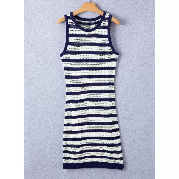 Sidefeel Womens 2024 Summer Hollow Out Crochet Dresses Casual Striped Crewneck Sleeveless Bodycon Vacation Beach Sundress