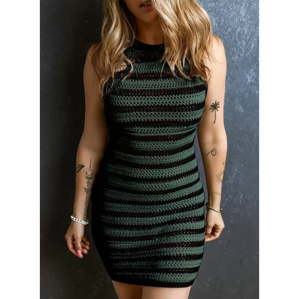 Sidefeel Womens 2024 Summer Hollow Out Crochet Dresses Casual Striped Crewneck Sleeveless Bodycon Vacation Beach Sundress