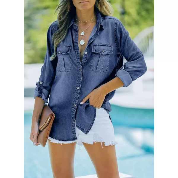 Sidefeel Women's Button Down Rolled Up Denim Jackets Collared Relaxed Fit Blouses Tops